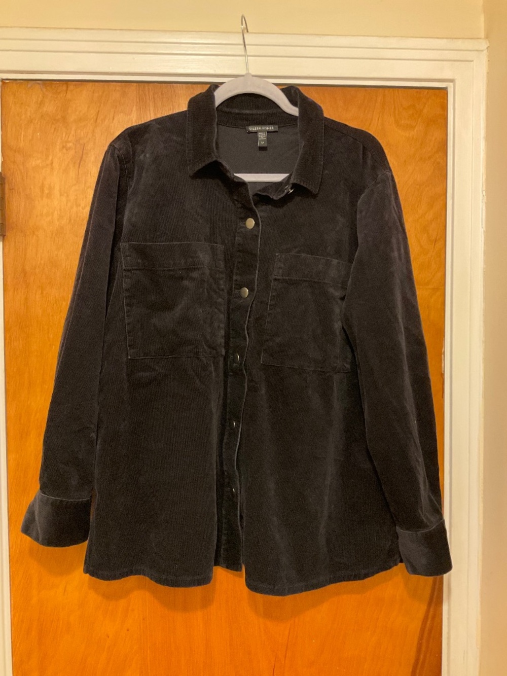 Eileen Fisher Corduroy Shacket Sz S Oversized Black Button Front stretch